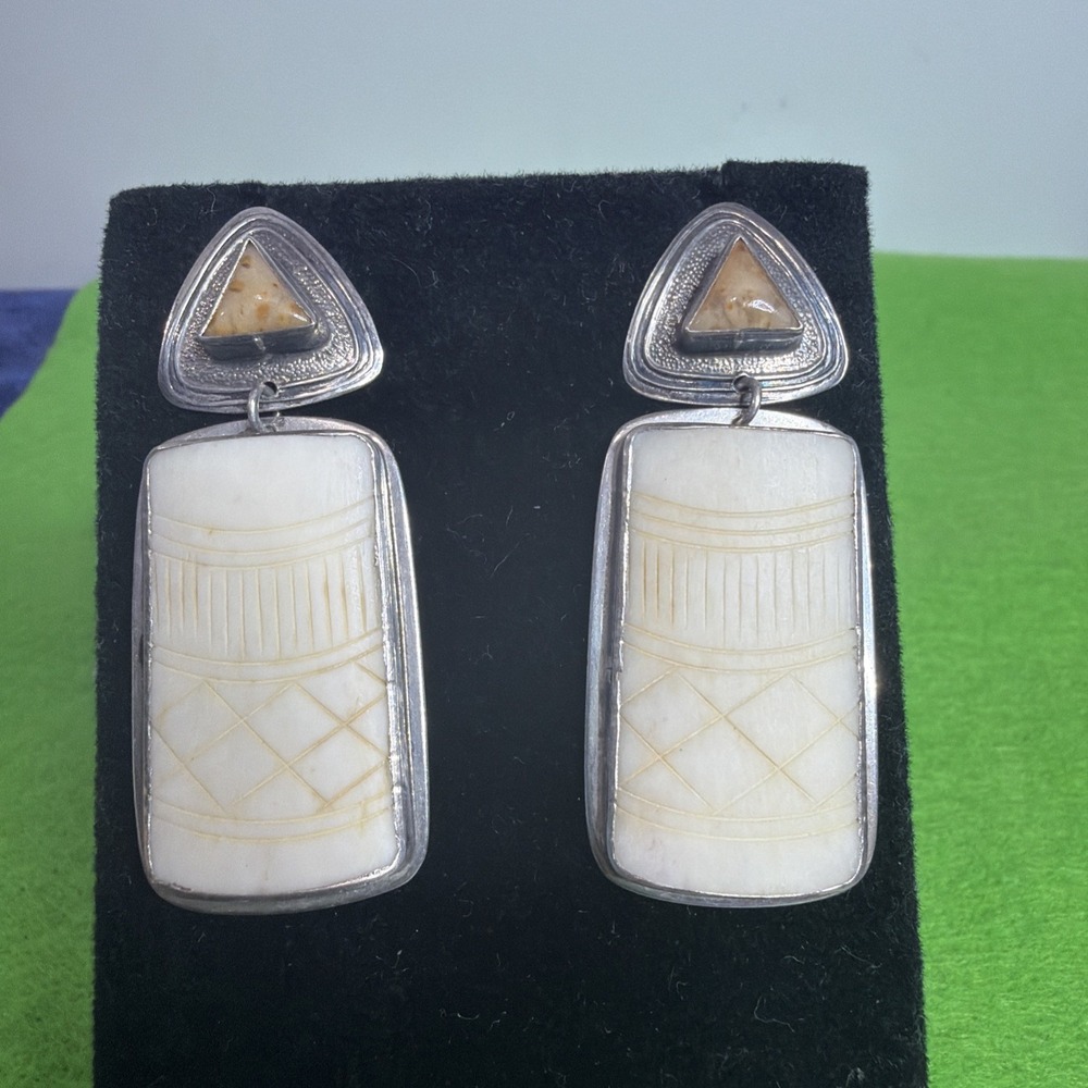 Tabra Sterling Silver Carabao Bone Paua Shell Dangle Earrings Vintage Signed 925